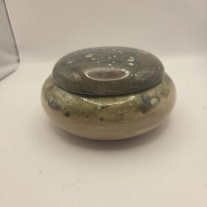 VTG Studio Pottery Lidded Jar Stoneware Earth Tones Blue Speckle